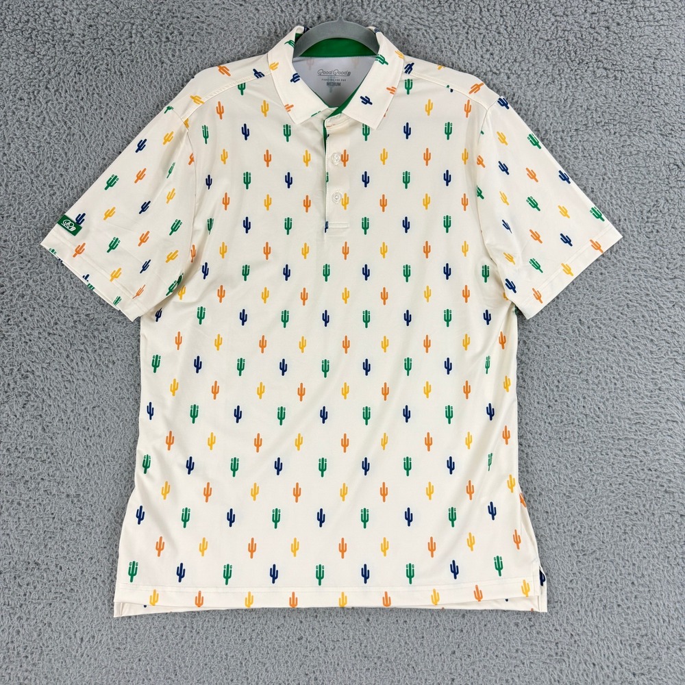 Good Good Golf Polo Men Medium Cream Cactus Print Performance Short Sleeve Shirt